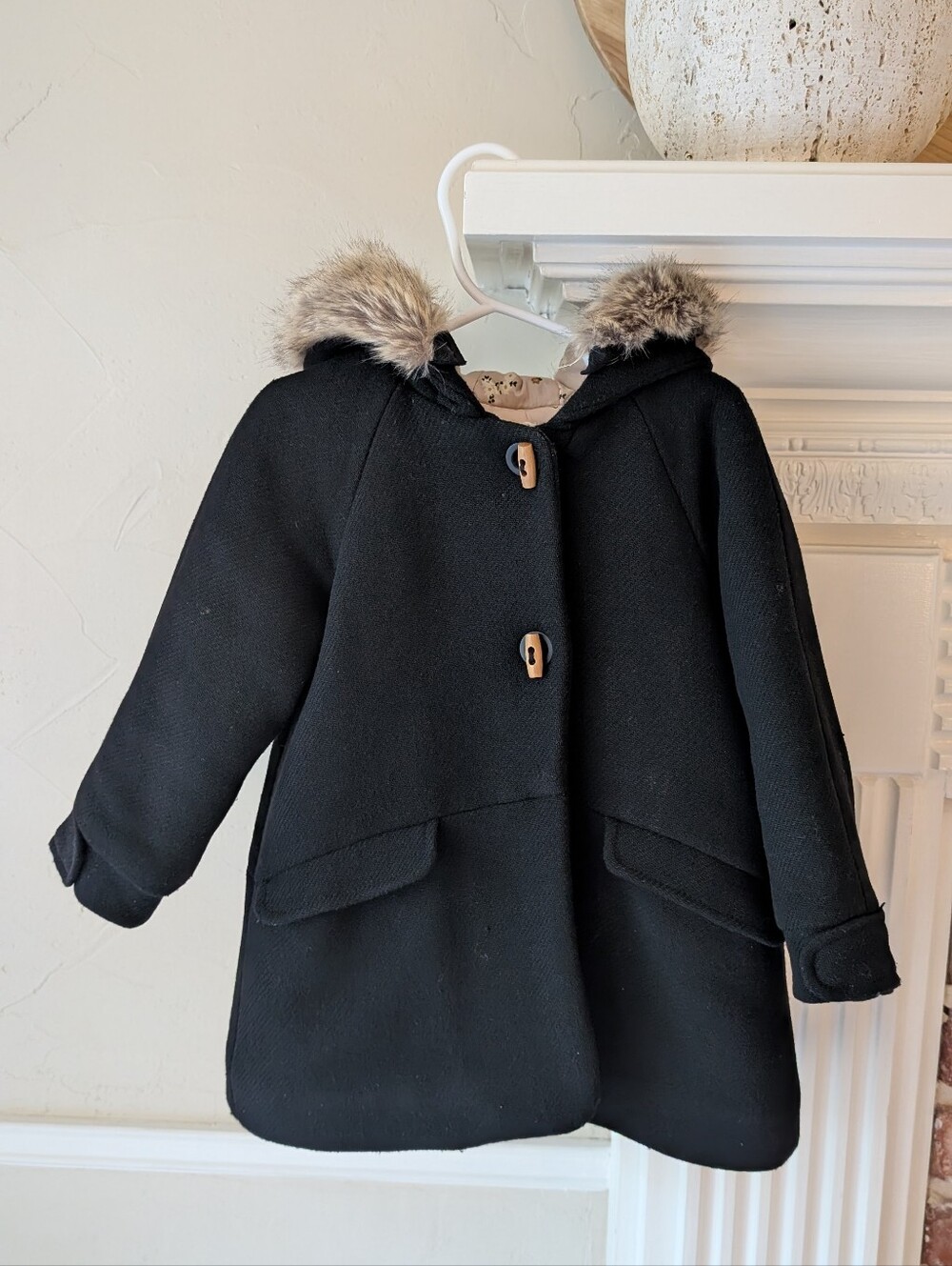 Zara | Kids Black Hooded Coat with Faux Fur Trim